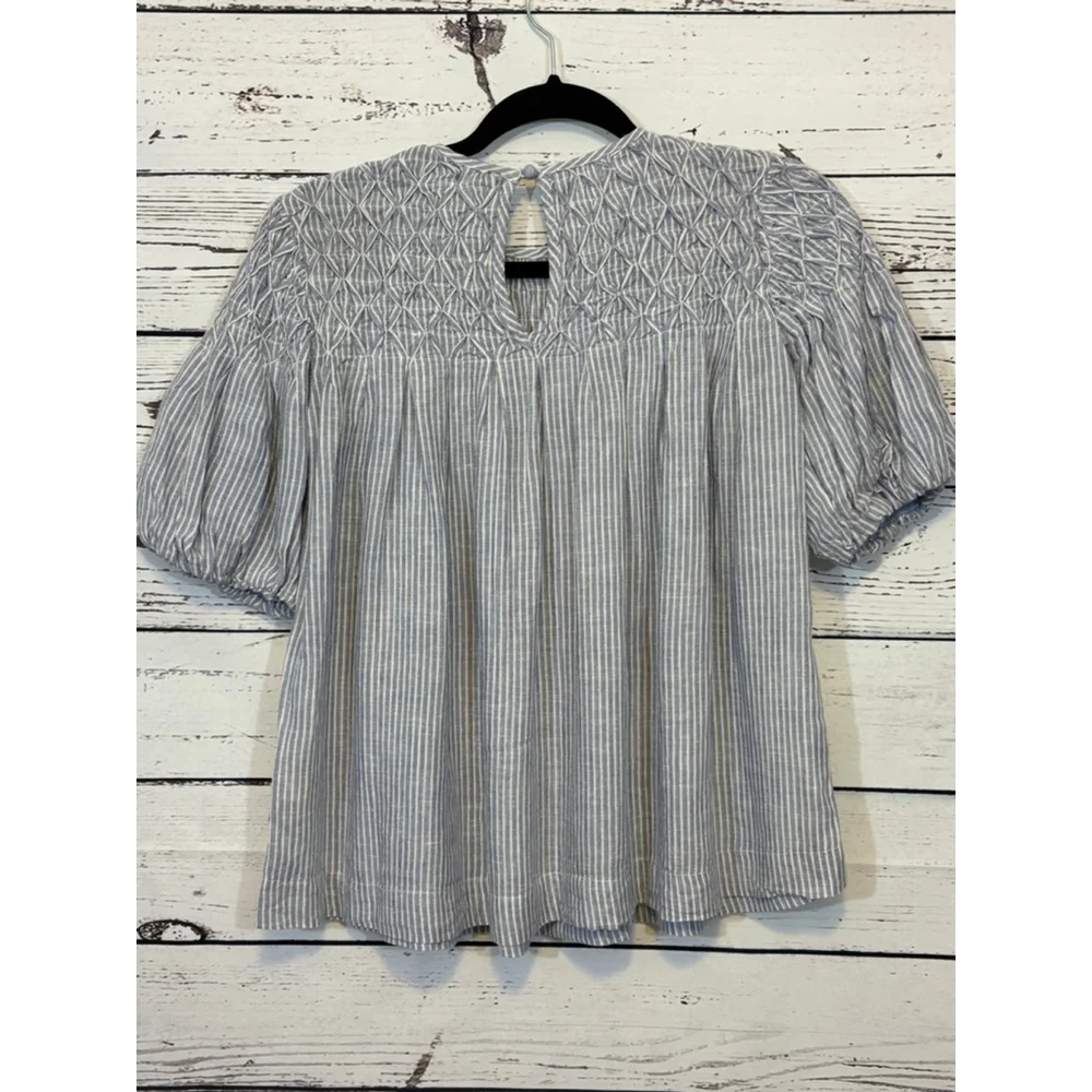 Women's Anthropologie Striped Smocked Blouse Blue/White Size XXS - Picture 6 of 7